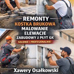 Xawery Osałkowski - Montaż kostki brukowej, malowanie elewacji i zabudowa płytami GK. Fachowiec w kombinezonie układa kostkę, maluje ścianę i montuje płytę gipsową. Solidnie i profesjonalnie!