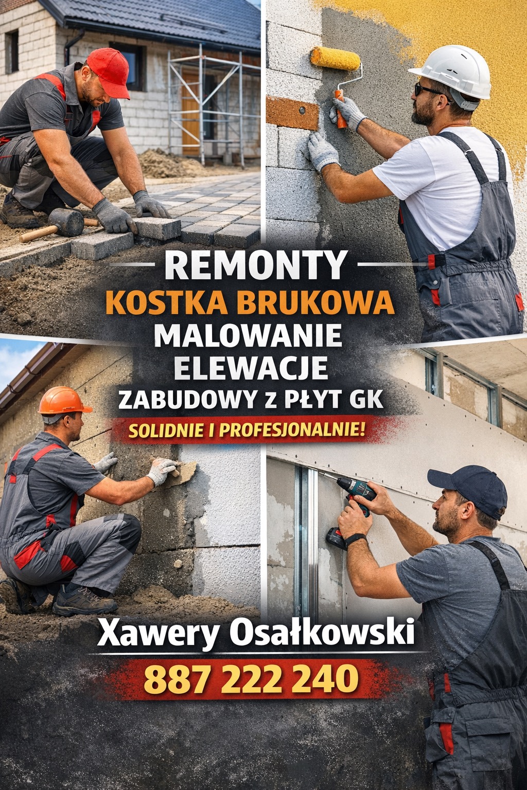 Montaż kostki brukowej, malowanie elewacji i zabudowa płytami GK. Fachowiec w kombinezonie układa kostkę, maluje ścianę i montuje płytę gipsową. Solidnie i profesjonalnie!