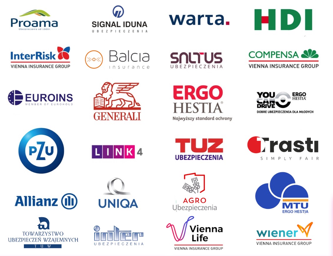 Zestaw logotypów różnych firm ubezpieczeniowych, w tym PZU, Warta, Allianz, Generali, Proama, Ergo Hestia, Compensa i inne, na białym tle.