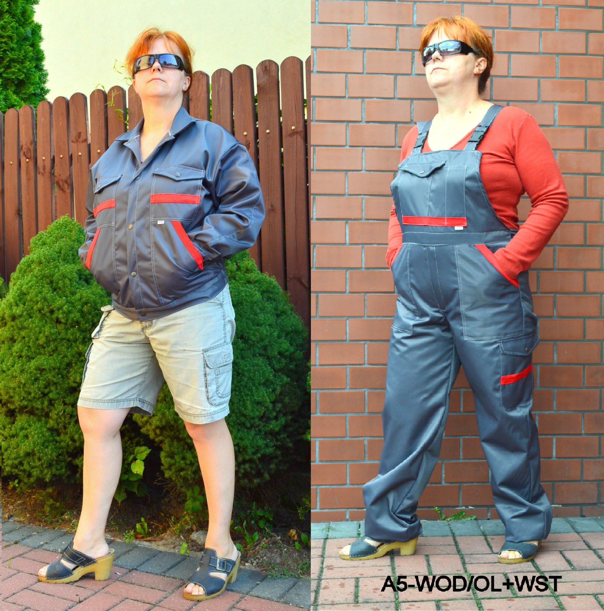 Kobieta w okularach przeciwsłonecznych prezentuje szarą kurtkę roboczą z czerwonymi akcentami i beżowe szorty cargo na tle drewnianego płotu i zielonego krzewu, oraz szary kombinezon roboczy...