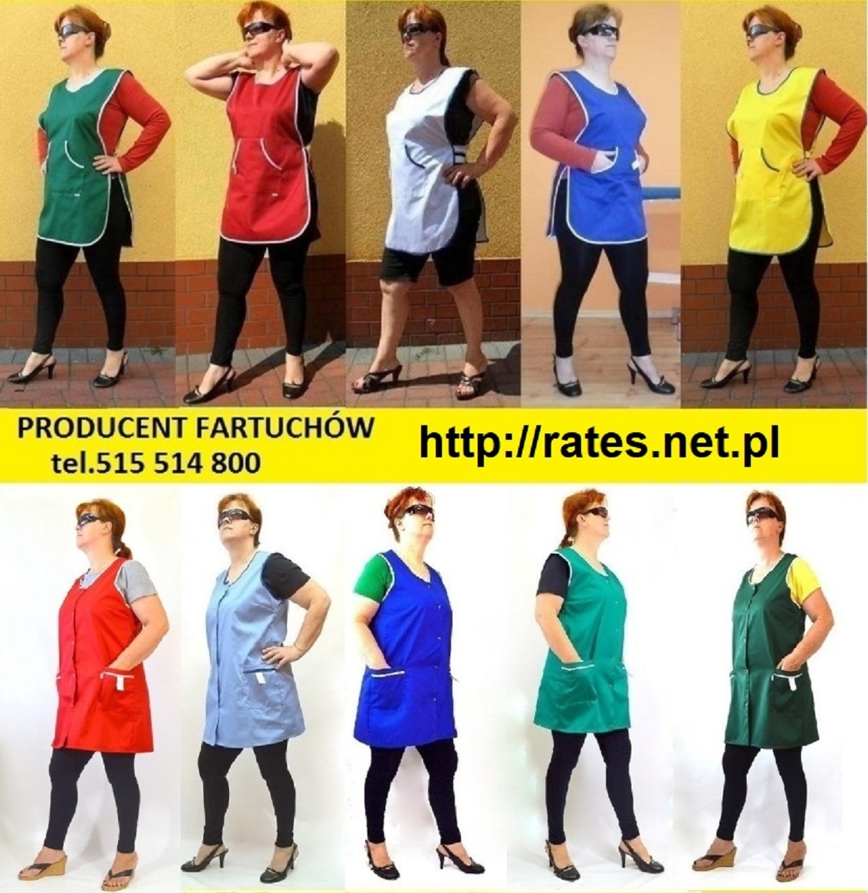 Kolaż prezentujący różne warianty kolorystyczne fartuchów roboczych z kieszeniami, noszonych przez modelki w czarnych legginsach i butach na obcasie, na żółtym tle z informacją o producencie...