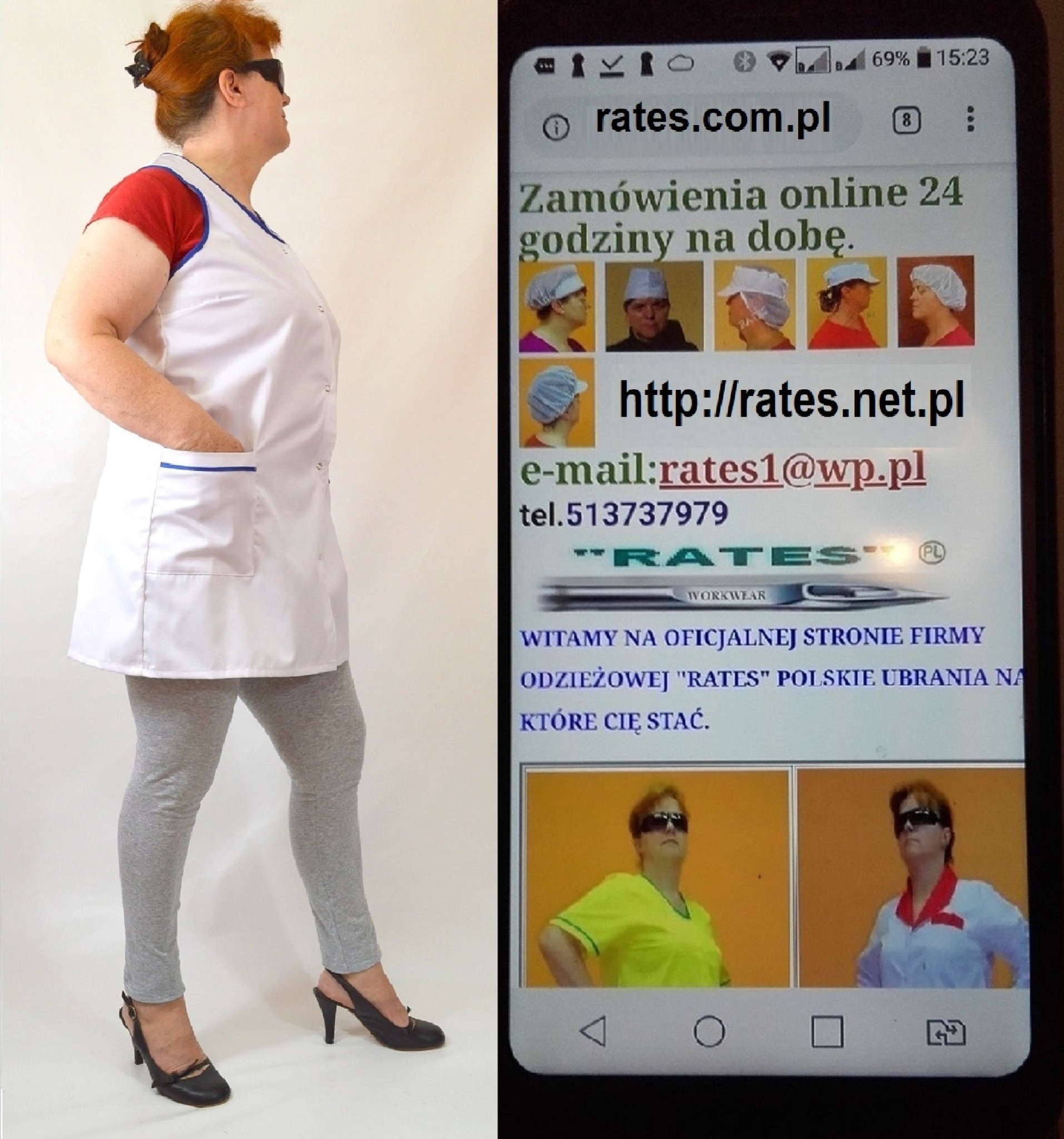 Kobieta w białym fartuchu medycznym z niebieską lamówką, szarych legginsach i czarnych butach na obcasie, stojąca obok smartfona wyświetlającego stronę internetową z ofertą odzieży roboczej...