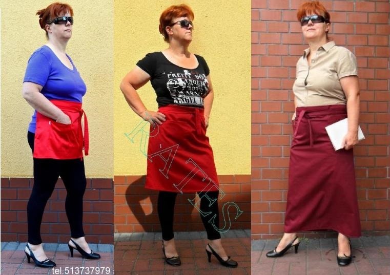 Kolaż przedstawiający trzy kobiety w różnych stylizacjach z czerwonymi fartuchami kelnerskimi: krótki z kieszeniami, średni i długi, wszystkie noszone z czarnymi legginsami i czarnymi butami...