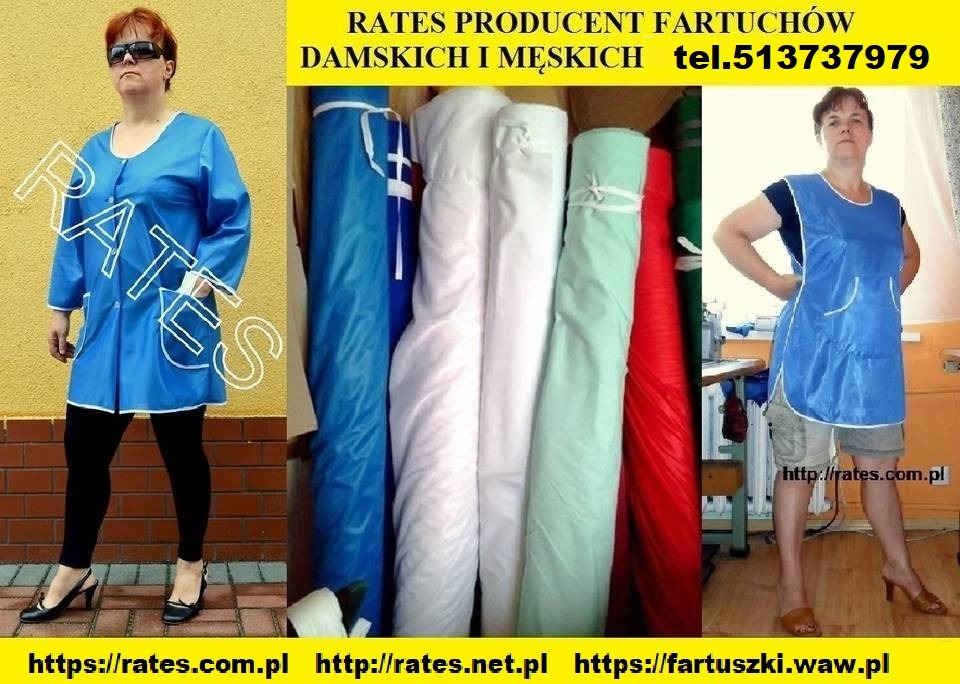 Kolaż przedstawiający dwie kobiety prezentujące niebieskie fartuchy robocze oraz rolki materiałów w różnych kolorach: niebieskim, białym, zielonym i czerwonym. Na zdjęciu widoczne są również adresy...