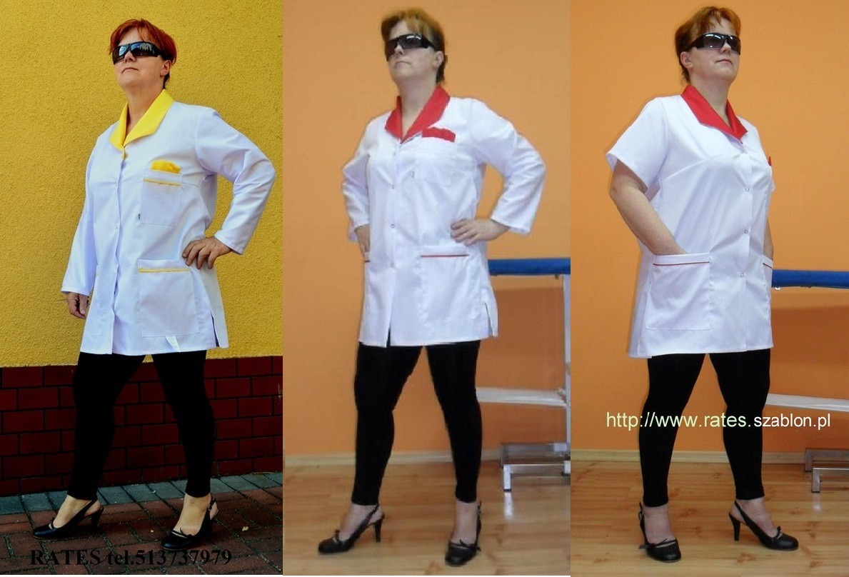 Kobieta prezentuje odzież roboczą medyczną: biały fartuch z kolorowymi wykończeniami (żółtym i czerwonym) w trzech ujęciach na tle żółtej i pomarańczowej ściany.