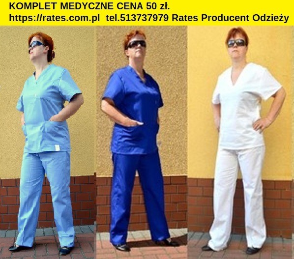 Kolaż trzech zdjęć modelki prezentującej komplety odzieży medycznej: błękitny, granatowy i biały, na tle żółtej ściany.