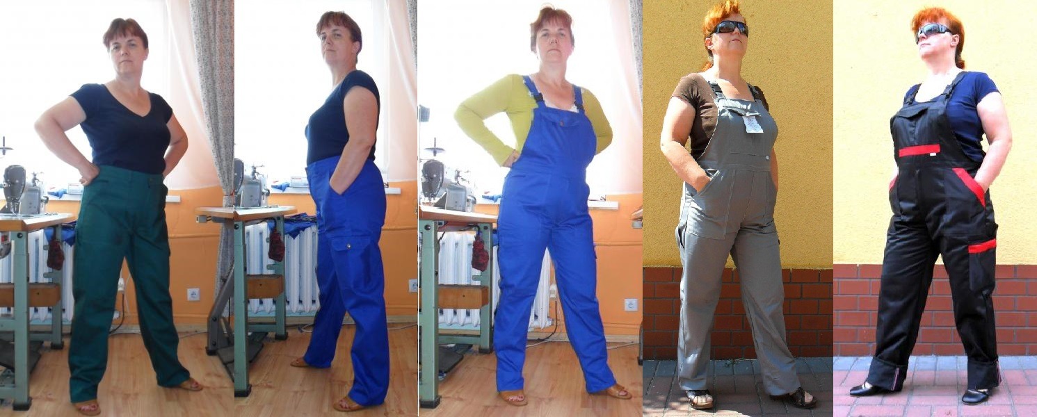 Kolaż prezentujący różne modele spodni i kombinezonów roboczych na modelkach, w tym zielone spodnie robocze z kieszeniami na tle maszyny do szycia, niebieskie spodnie robocze, niebieski kombinezon...