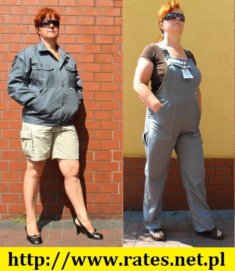Kobieta prezentuje na ceglanym tle kurtkę i szorty robocze w zestawieniu z czarnymi szpilkami, obok kombinezon roboczy na tle żółtej ściany, widoczny adres strony internetowej w dolnej części zdjęcia.