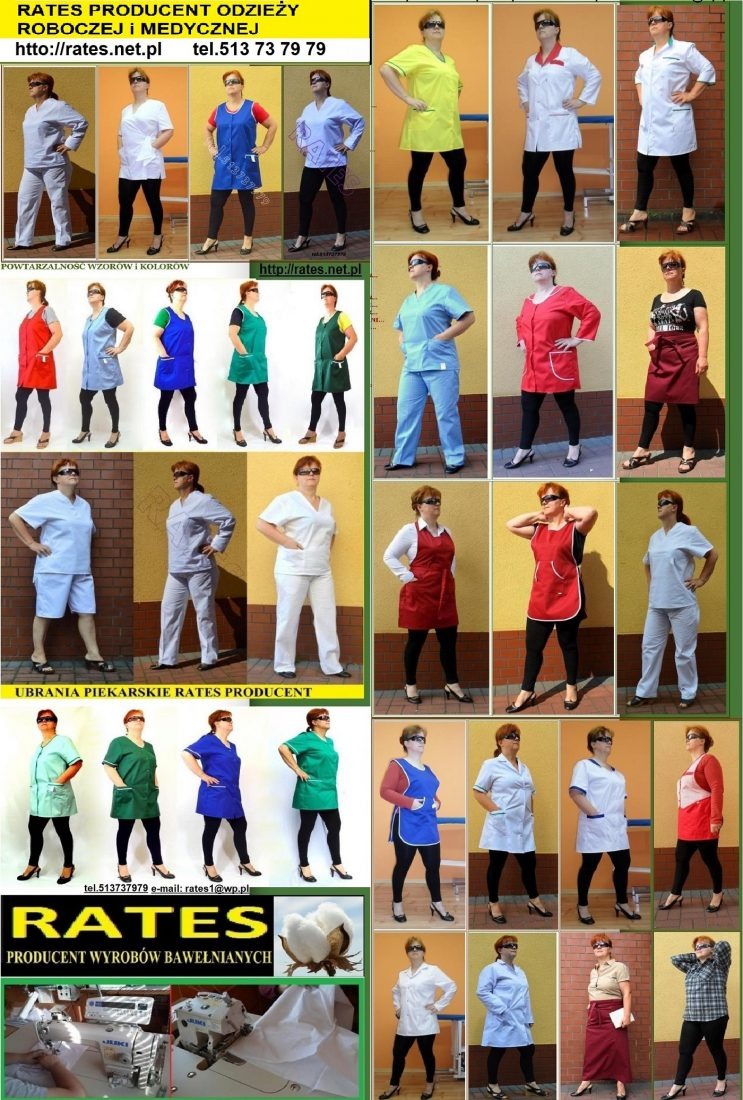 Kolaż prezentujący modelkę w różnorodnych strojach roboczych i medycznych, w tym fartuchy, komplety i bluzy, na jednolitym tle, z widocznym logiem i danymi kontaktowymi producenta u góry i dołu.