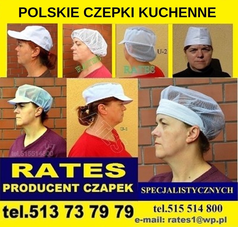 Kolaż zdjęć przedstawiający różne modele białych czepków roboczych na głowach kobiet, z widocznym logo producenta 'RATES' oraz danymi kontaktowymi.