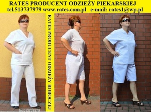 Kolaż prezentujący trzy ujęcia kobiety w białym stroju roboczym: pełna sylwetka w spodniach, profil w spódnico-spodniach i przód w krótkich spodniach, na tle ceglanej ściany i żółtej elewacji.