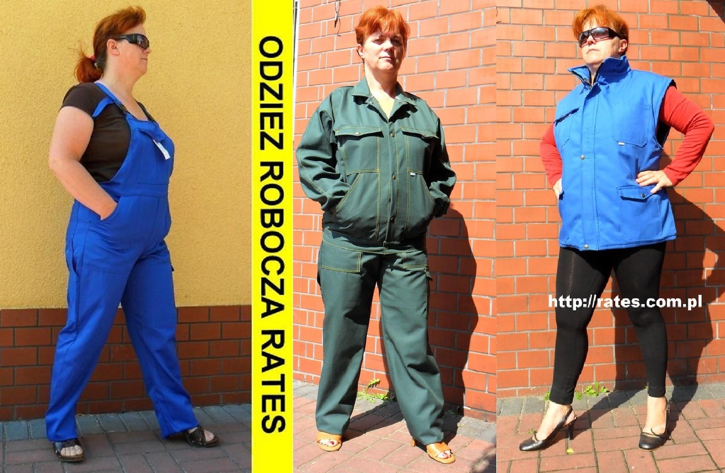 Kolaż prezentujący trzy stylizacje odzieży roboczej: niebieski kombinezon, zielony komplet kurtki i spodni oraz niebieska kamizelka z czarnymi legginsami, na tle żółtej i ceglanej ściany.