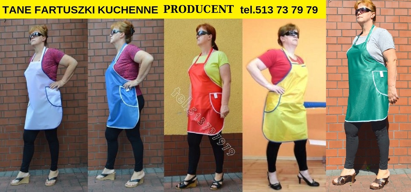 Kolaż przedstawiający kobietę w różnych kolorach fartuchów roboczych z PCV, prezentowanych na tle muru z cegły i pomarańczowej ściany, z informacją o producencie i numerem telefonu w górnej części...