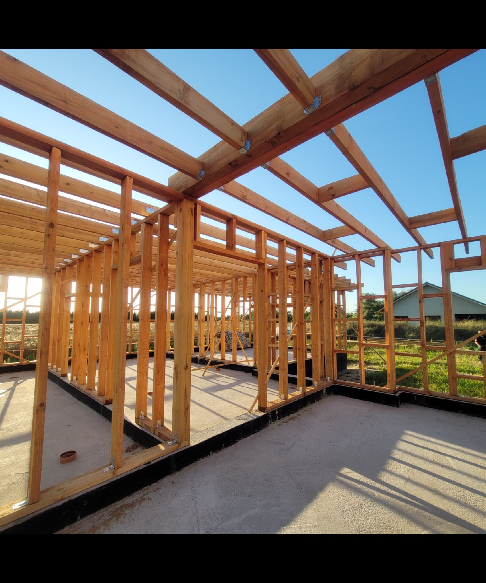 Konstrukcja domu szkieletowego z widocznymi drewnianymi belkami i słupami na betonowej płycie fundamentowej, z zielenią w tle. Jasne niebo w tle.