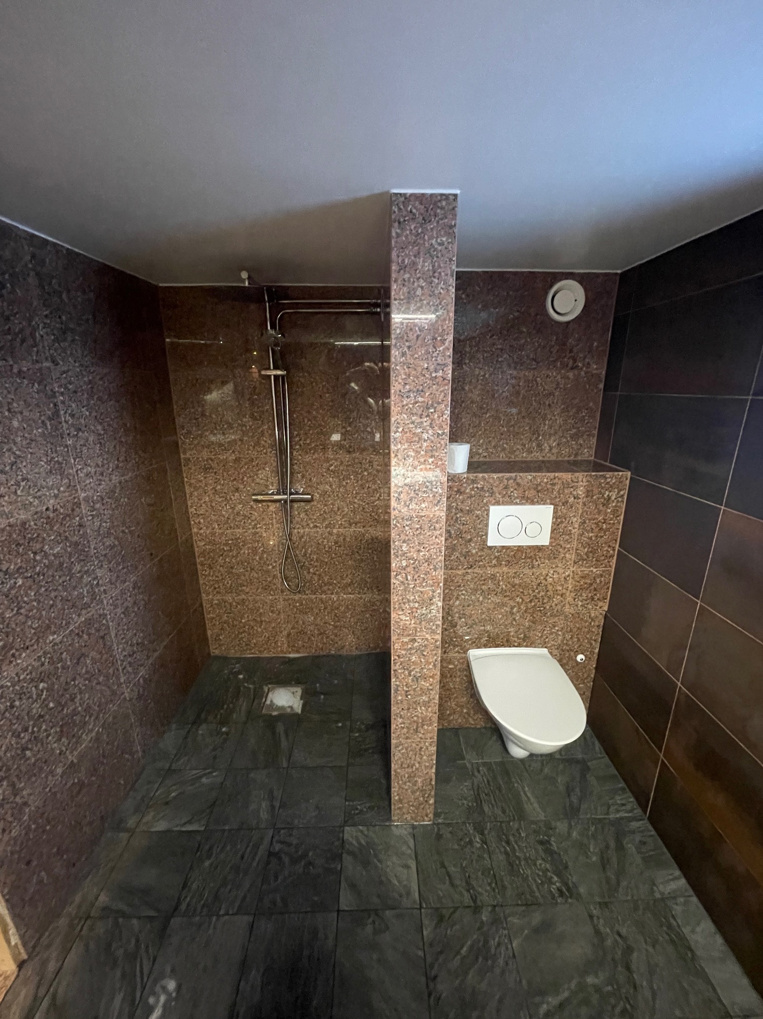 Wykończona łazienka z kabiną prysznicową oddzieloną ścianką z płytek imitujących granit. Ciemna podłoga z płytek, toaleta w rogu.