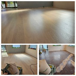 PutekParkiet Michał Putek - Kolaż: parkiet po cyklinowaniu, parkiet przed cyklinowaniem, maszyna do cyklinowania parkietu marki Lagler w trakcie pracy. Jasne drewno, naturalne światło.