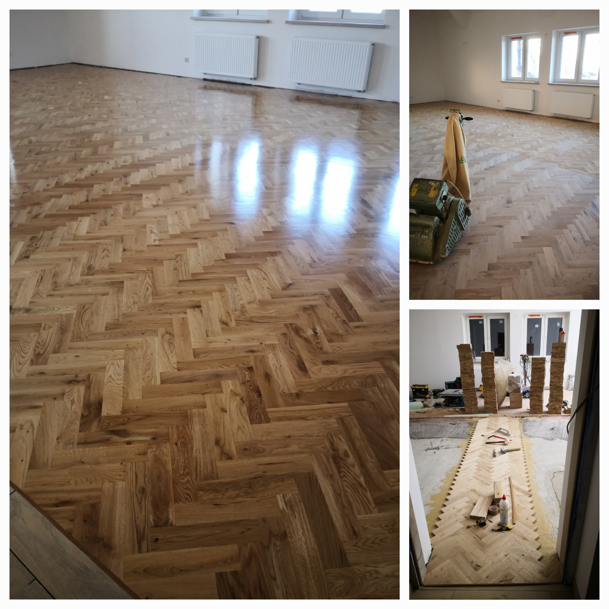 Parkiet ułożony w jodełkę, częściowo wycyklinowany, z widocznym sprzętem i przygotowaniem do dalszych prac. Jasne, naturalne drewno.