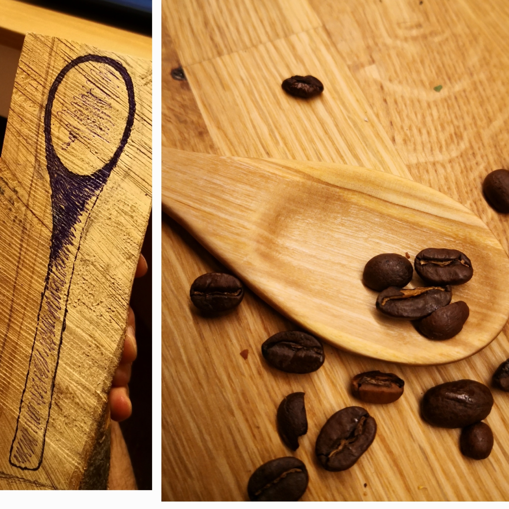 Drewniana łyżka z ziarenkami kawy na tle deski. Po lewej fragment drewna z narysowanym konturem łyżki. Ciepłe światło podkreśla naturalny rysunek drewna.