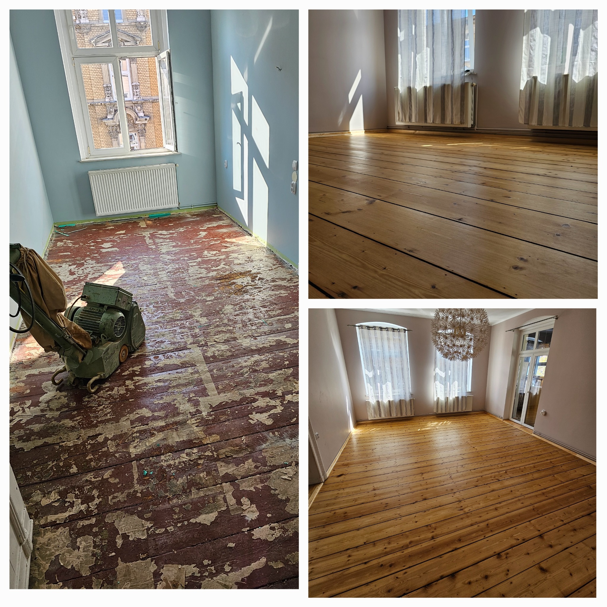 Kolaż: parkiet przed cyklinowaniem z maszyną, gładki parkiet w słonecznym pokoju i parkiet po renowacji z żyrandolem. Widoczne okna i naturalne światło.