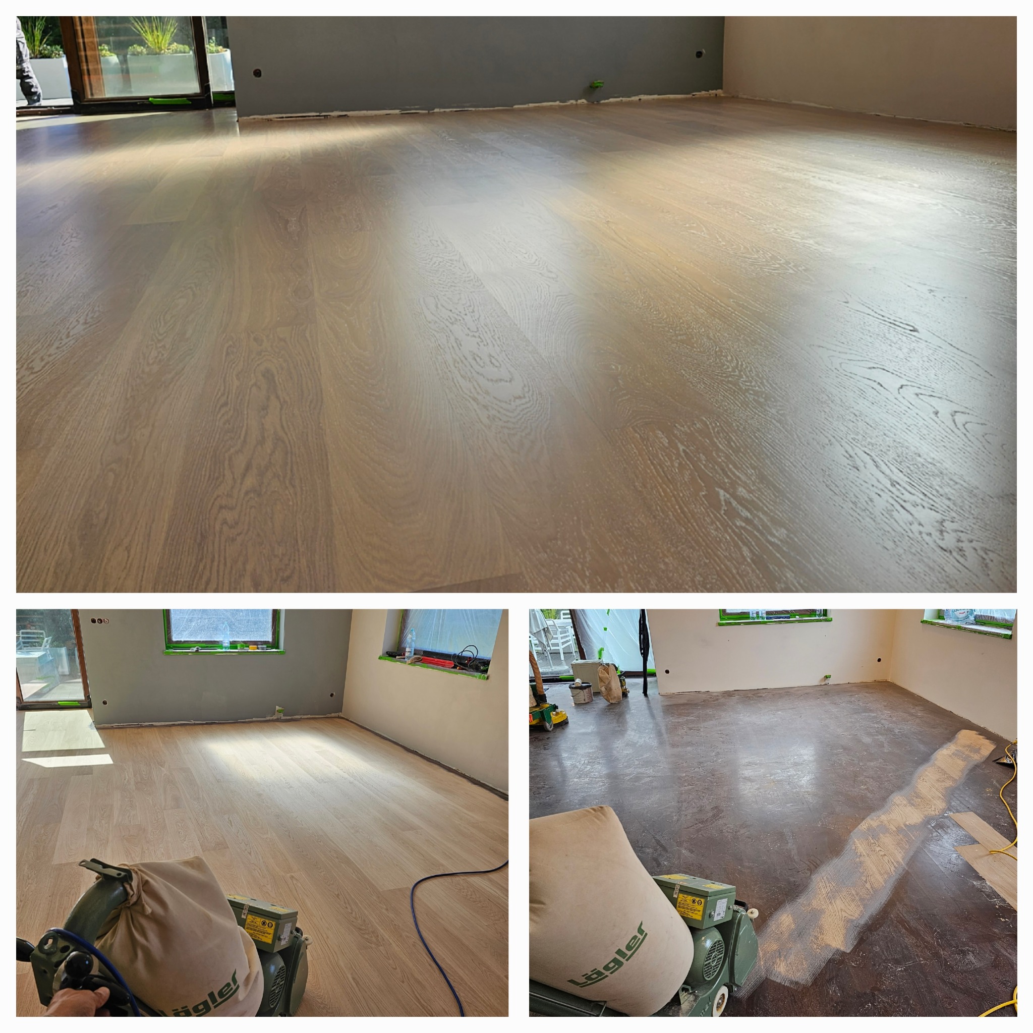 Kolaż: parkiet po cyklinowaniu, parkiet przed cyklinowaniem, maszyna do cyklinowania parkietu marki Lagler w trakcie pracy. Jasne drewno, naturalne światło.
