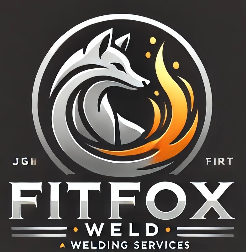 Ilustracja logo firmy spawalniczej Fitfox Weld z motywem lisa w srebrnej obwódce i płomieniem. Napis 'Welding Services' na czarnym tle.