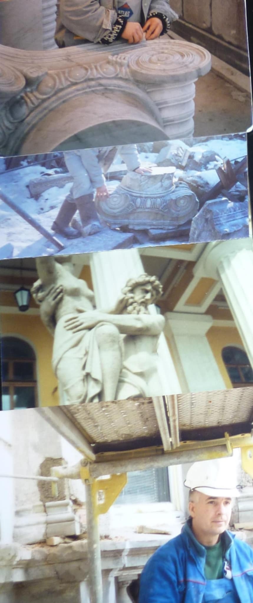 Fotografia przedstawia fragmenty marmurowych elementów architektonicznych i rzeźb, prawdopodobnie w trakcie renowacji lub konserwacji.