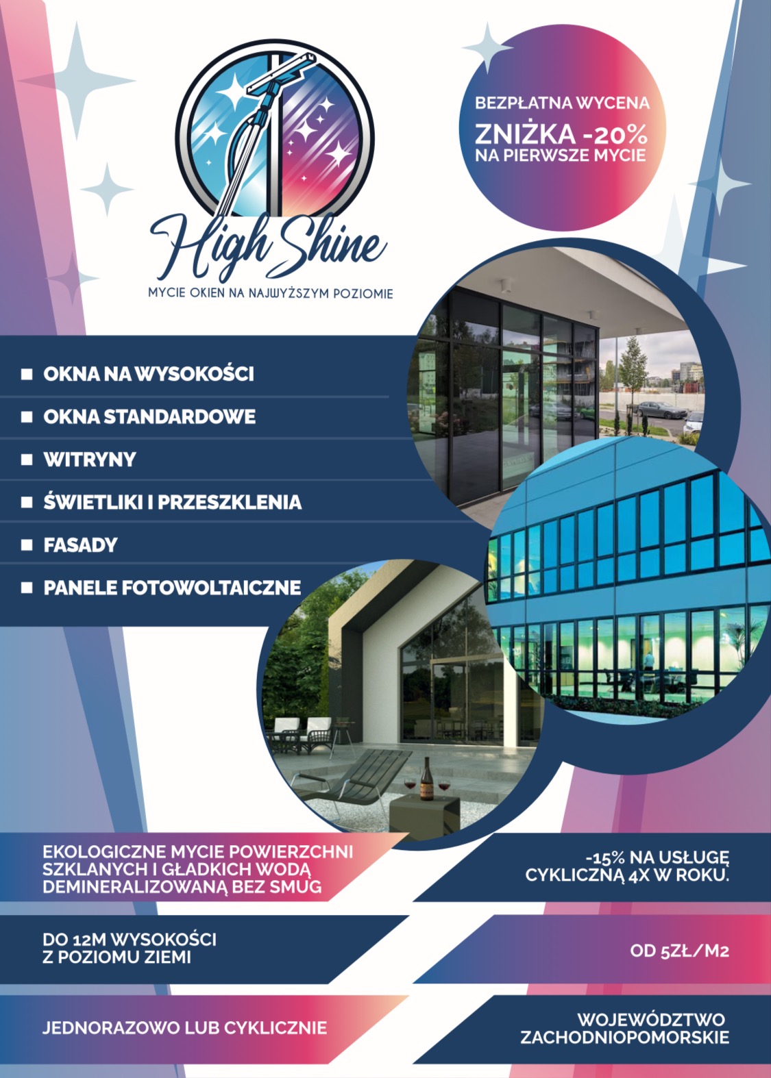 Grafika reklamowa firmy High Shine, oferującej mycie okien na wysokości. Promocja: bezpłatna wycena, -20% na pierwsze mycie, -15% na usługę cykliczną.