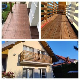 HYDRO-IZ ROBERT KASZUBOWSKI - Kompozycja trzech ujęć: brązowe płytki tarasu, drewniany taras z balustradą, elewacja budynku z drewnianą balustradą balkonu i rozstawioną drabiną.
