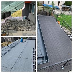 HYDRO-IZ ROBERT KASZUBOWSKI - Zdjęcie w formie kolażu ukazujące etapy renowacji balkonu: demontaż starej nawierzchni, hydroizolację papą i montaż desek kompozytowych, widok z balustradą.