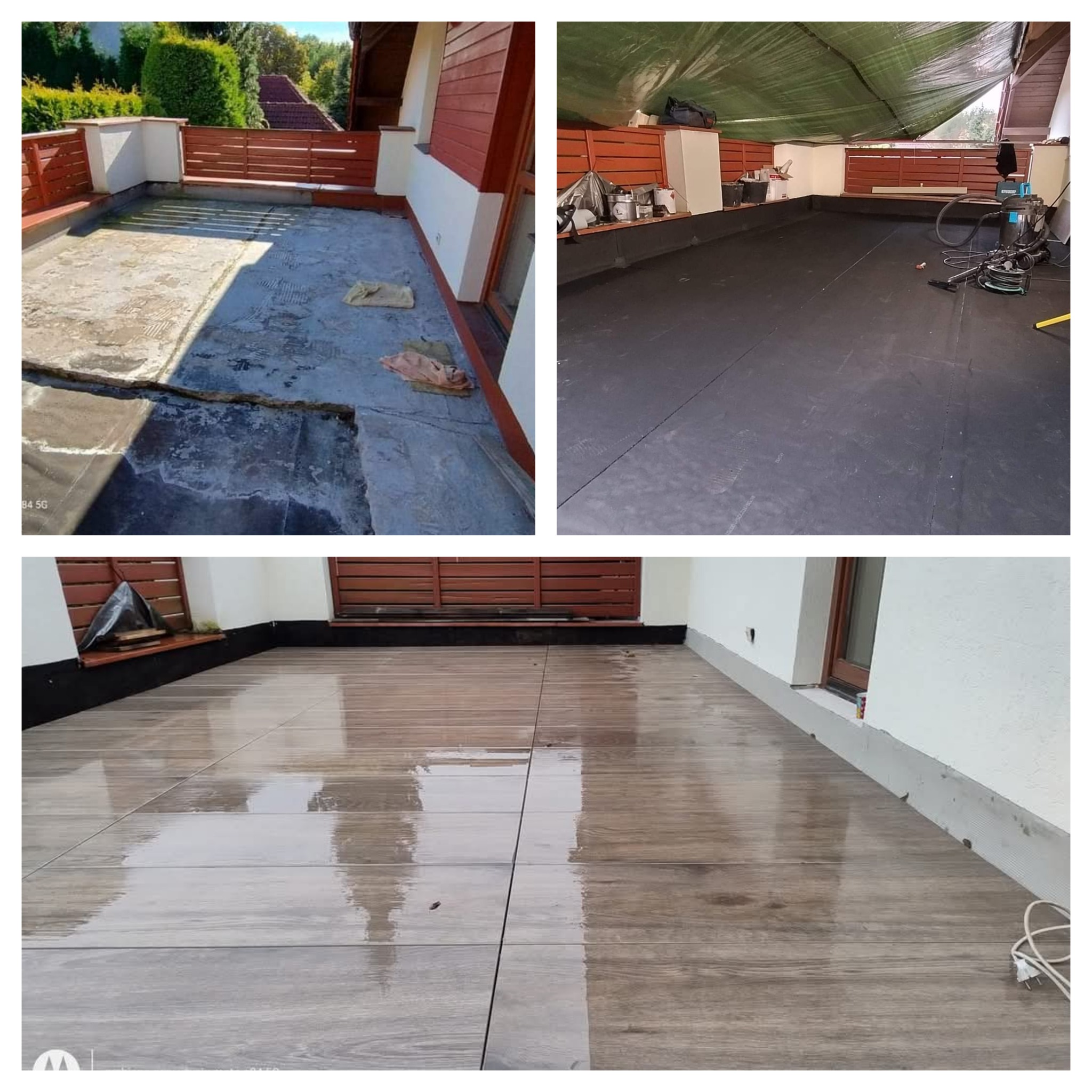 Remont tarasu: widok przed, w trakcie (hydroizolacja) i po ułożeniu płytek imitujących drewno. Całość prezentowana w formie kolażu.