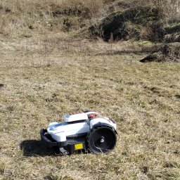 ARTUDITU Łukasz Kujawa - Biały robot koszący na trawniku z suchą trawą, na tle wzgórza i drzew. Widoczne duże koła i elementy ostrzegawcze. Słoneczny dzień.