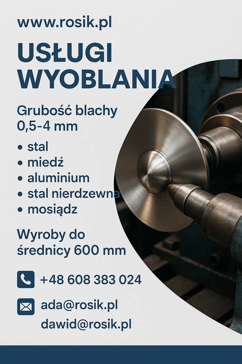 Metalowy element obrabiany na tokarce, widoczne parametry usługi i dane kontaktowe firmy. Wyroby do średnicy 600 mm.