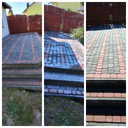 Zakład Usługowo-Handlowy Paulina Wiśniewska - Kostka brukowa po czyszczeniu, widoczne trzy ujęcia: przed, w trakcie i po. Ciemnoszare kostki z czerwonymi pasami, schody, drewniany płot w tle.