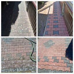 Zakład Usługowo-Handlowy Paulina Wiśniewska - Czteropanelowe ujęcie kostki brukowej przed i po czyszczeniu, z widocznym wężem ogrodowym. Efekt czyszczenia uwidacznia czerwień i szarość kostki.