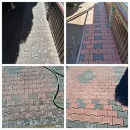Czteropanelowe ujęcie kostki brukowej przed i po czyszczeniu, z widocznym wężem ogrodowym. Efekt czyszczenia uwidacznia czerwień i szarość kostki.