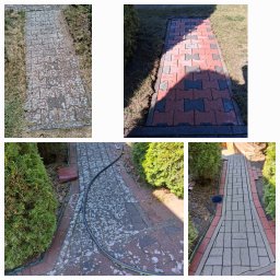 Zakład Usługowo-Handlowy Paulina Wiśniewska - Kolaż ukazujący kostkę brukową przed i po czyszczeniu, z wyraźną różnicą w kolorze i usunięciem zabrudzeń. Widoczne fragmenty trawnika i węża ogrodowego.