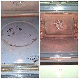 Zakład Usługowo-Handlowy Paulina Wiśniewska - Zdjęcie 'przed i po' czyszczenia wnętrza piekarnika. Po lewej brudny, po prawej czysty piekarnik z widoczną grzałką i prowadnicami. Widoczne detale zabrudzeń i efekt końcowy.