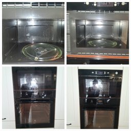 Zakład Usługowo-Handlowy Paulina Wiśniewska - Zestawienie przed i po: wnętrze brudnej mikrofalówki z obrotowym talerzem vs. czysta mikrofalówka. Dolne ujęcie: brudny piekarnik vs. czysty piekarnik zabudowany w białej szafce.