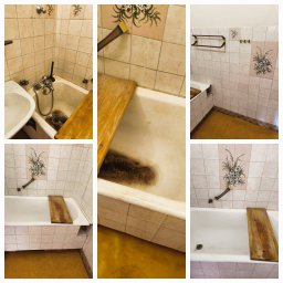 Zakład Usługowo-Handlowy Paulina Wiśniewska - Zestawienie zdjęć brudnej wanny przed czyszczeniem: widoczne osady, plamy i ogólny brak higieny. Na kafelkach dekoracyjne motywy roślinne. Deska na wannie.