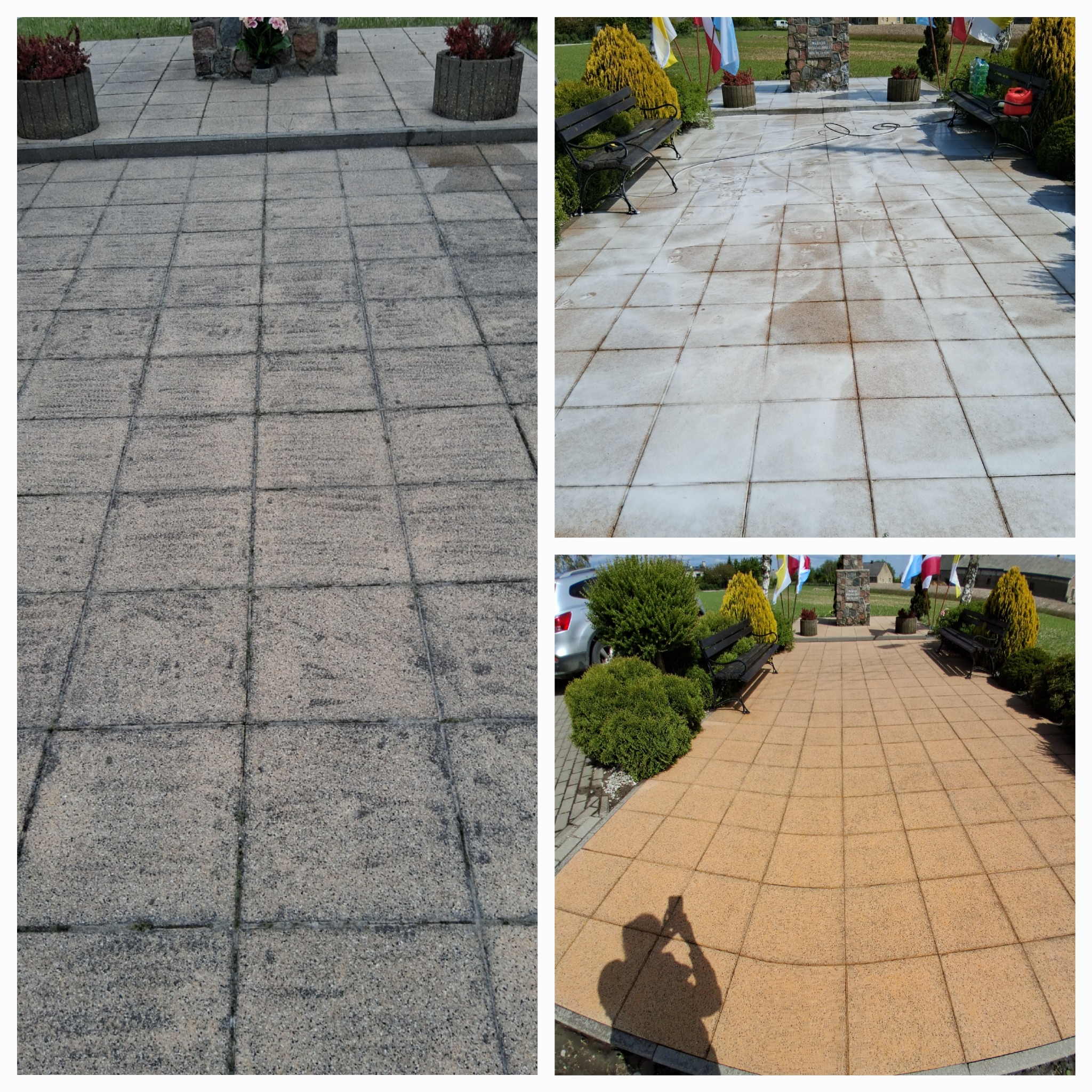 Porównanie kostki brukowej przed i po czyszczeniu: brudna szara kostka, wyczyszczona biała kostka w trakcie mycia, czysta pomarańczowa kostka z cieniem osoby.