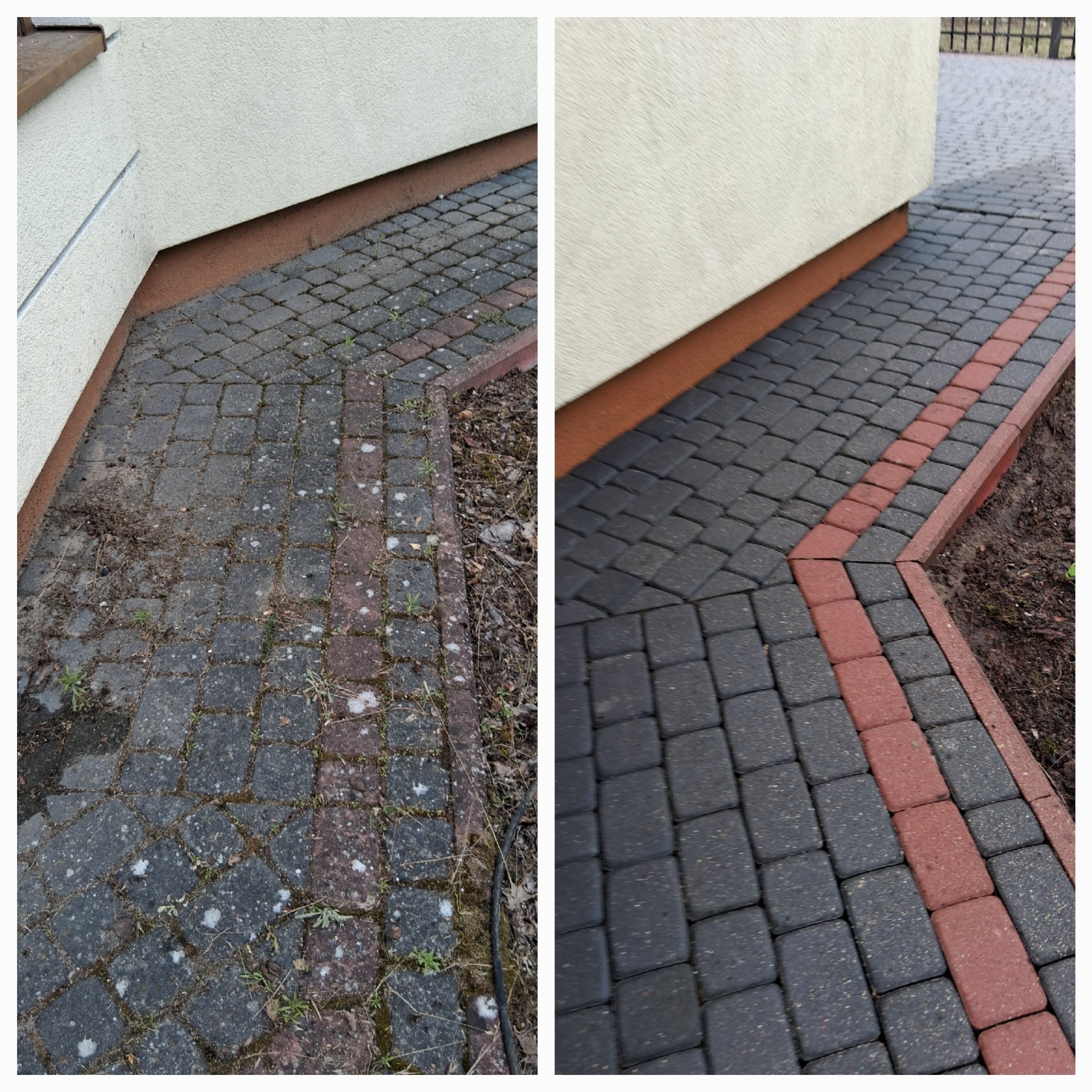 Kostka brukowa przed i po czyszczeniu, widoczne zabrudzenia i mech po lewej stronie, czysta i odświeżona po prawej. Ciemnoszara kostka z czerwonym obramowaniem.