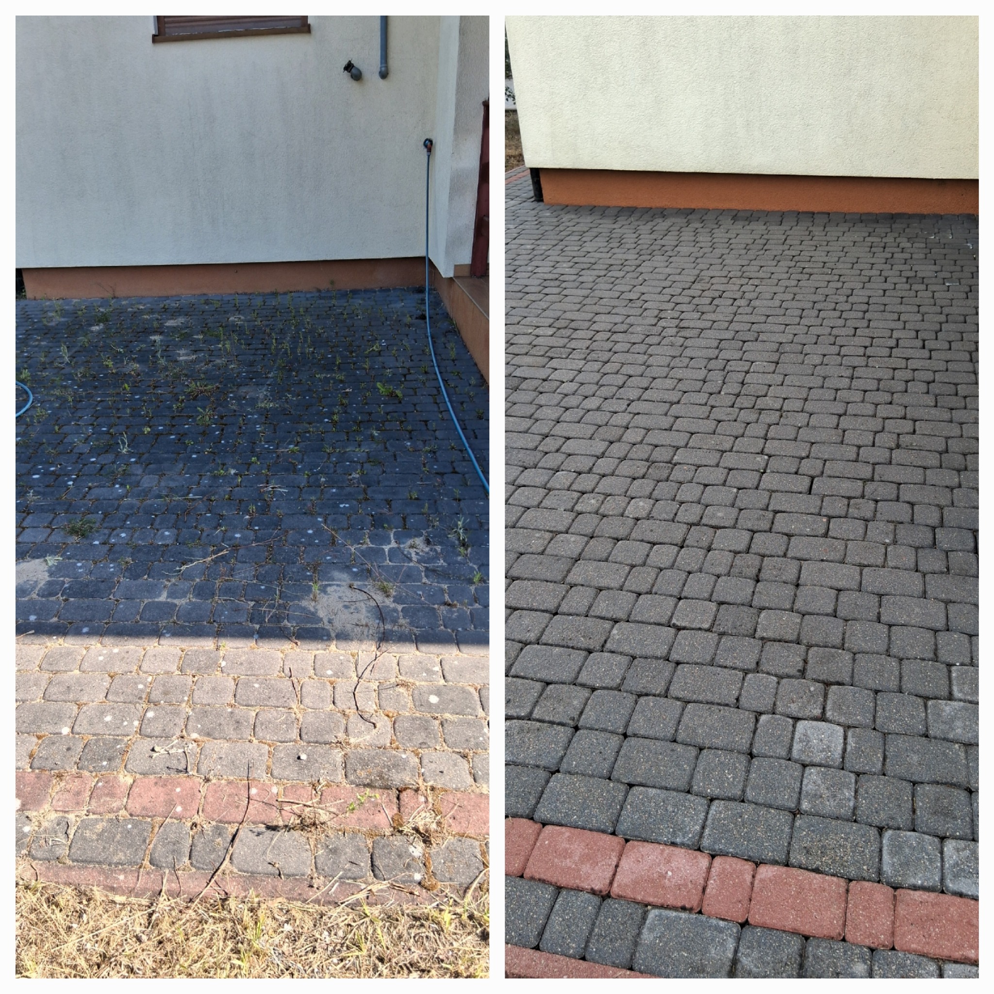 Kostka brukowa przed i po czyszczeniu: po lewej zaniedbana, z mchem i chwastami, po prawej czysta, szara kostka z czerwoną obwódką. Efekt mycia ciśnieniowego.