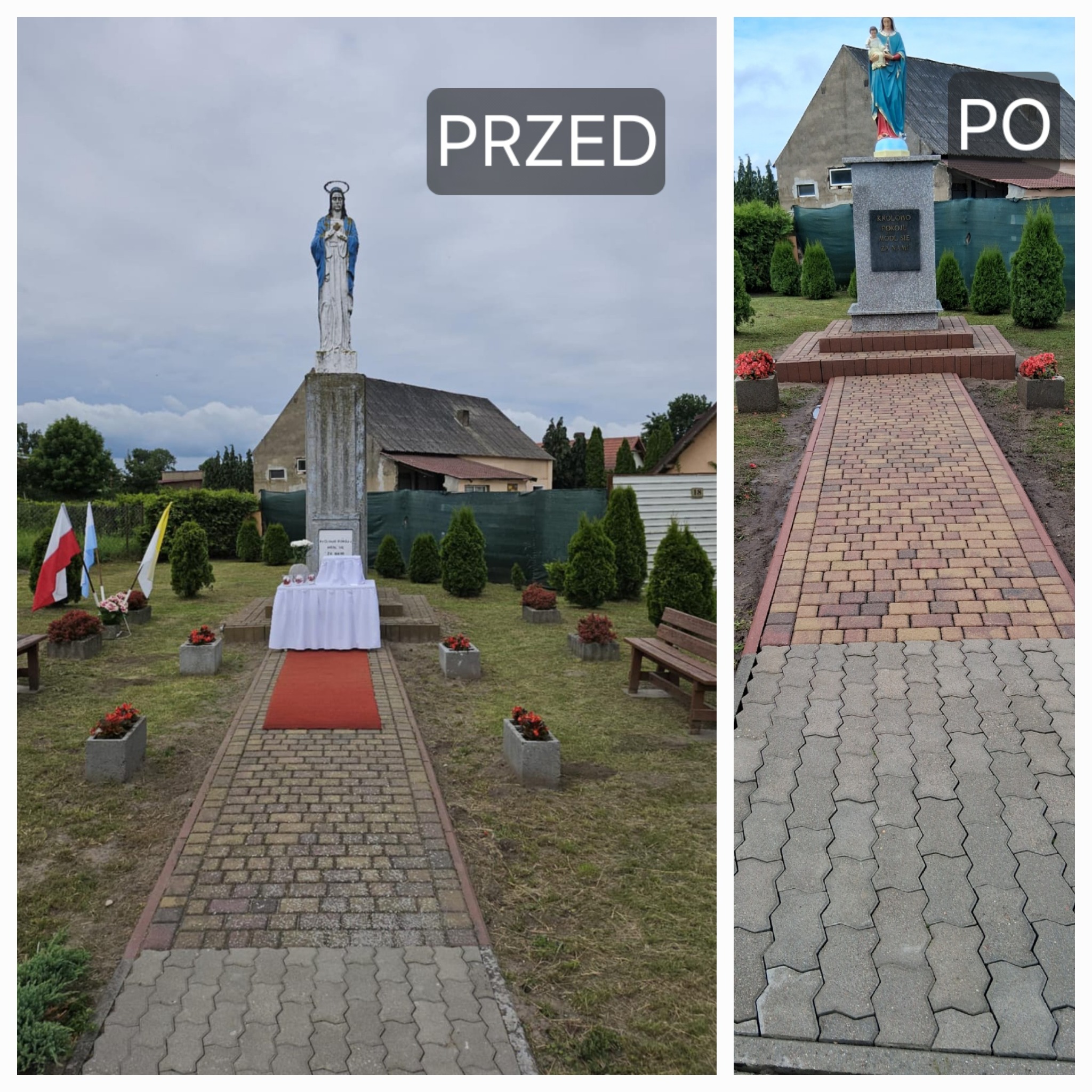 Zdjęcie 'przed i po' renowacji pomnika z figurą Matki Boskiej i otoczenia: od szarej kostki brukowej do kolorowej, czystej alei i odnowionego postumentu.