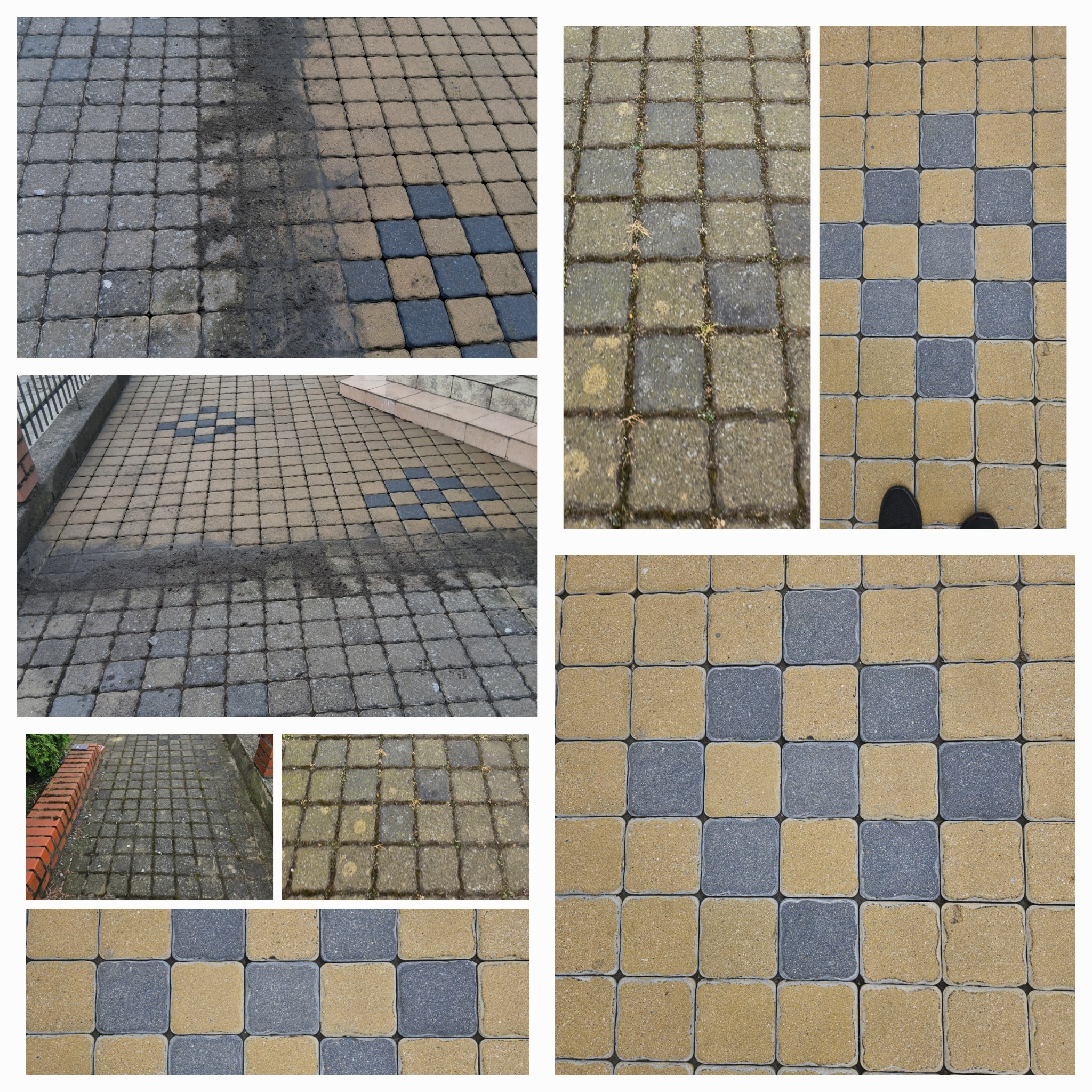 Mozaika z kostki brukowej: część wyczyszczona, część brudna. Fragment schodów i butów. Widoczne różnice w kolorze i stopniu zabrudzenia kostki brukowej.