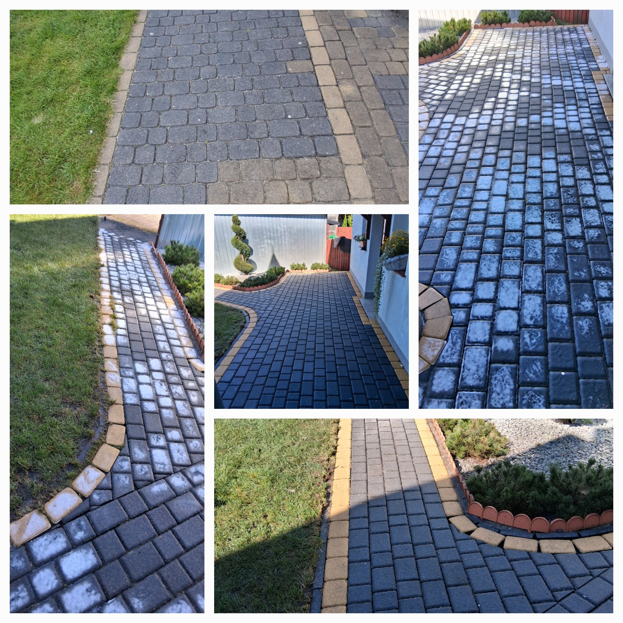 Mozaika z kolaży: świeżo ułożona kostka brukowa w odcieniach szarości i piaskowego beżu, obramowana zielonym trawnikiem i ozdobnymi roślinami.