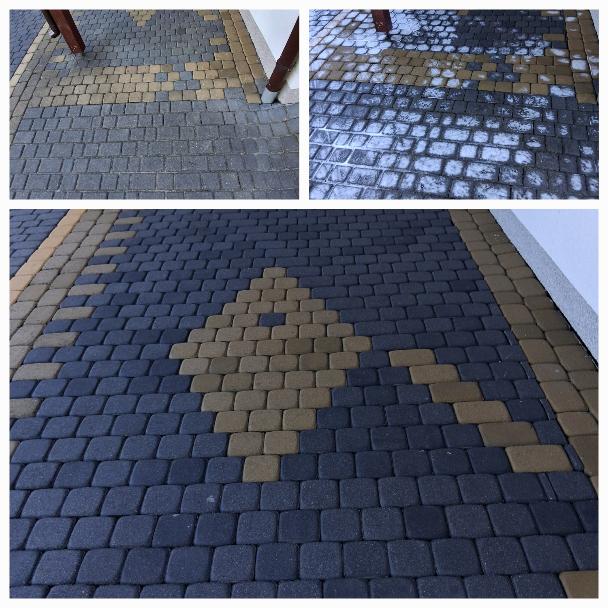 Ułożona kostka brukowa w dwa kolory, tworząca wzór rombu. Na górze kolaż: kostka przed i w trakcie czyszczenia, widoczne zabrudzenia i pozostałości śniegu.