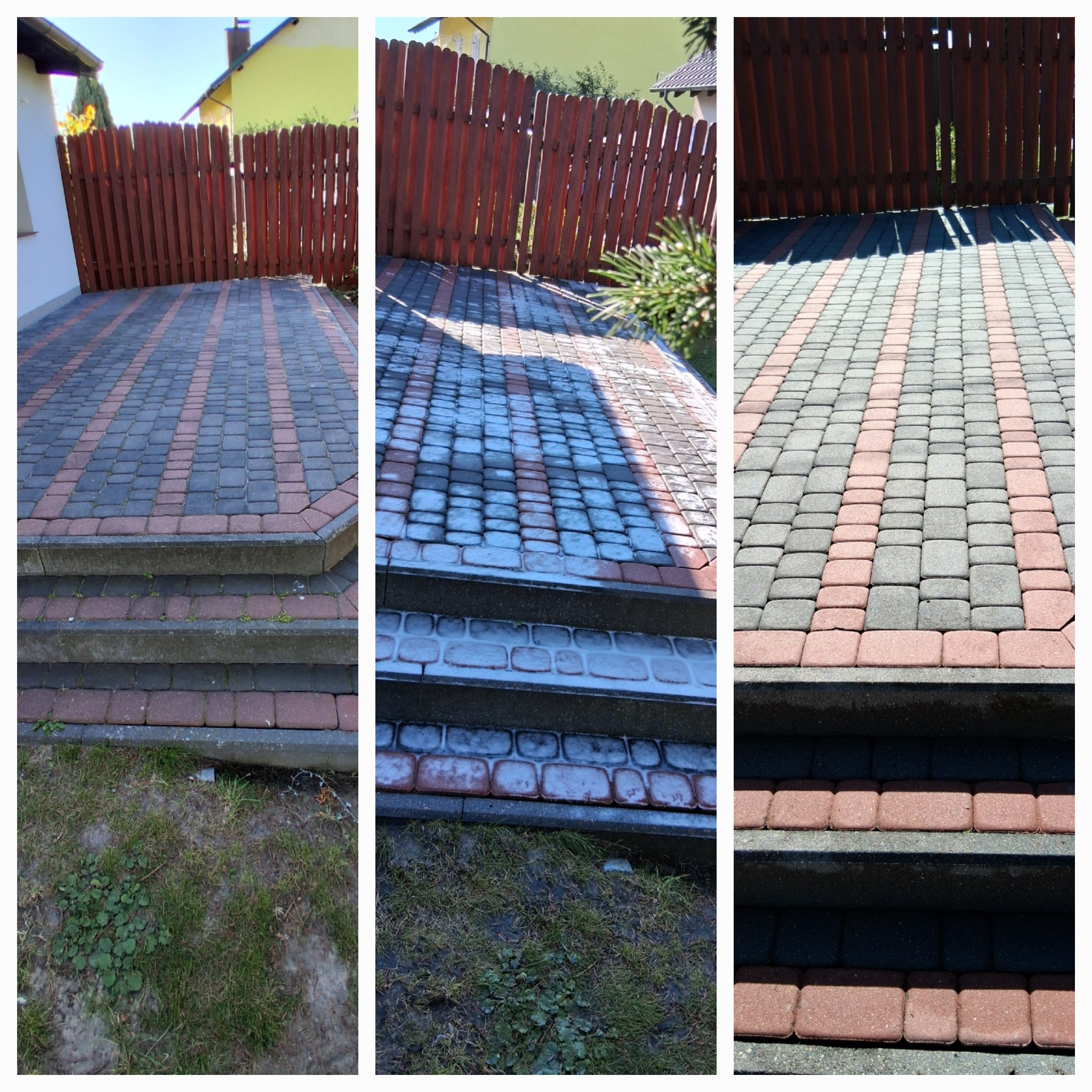 Kostka brukowa po czyszczeniu, widoczne trzy ujęcia: przed, w trakcie i po. Ciemnoszare kostki z czerwonymi pasami, schody, drewniany płot w tle.