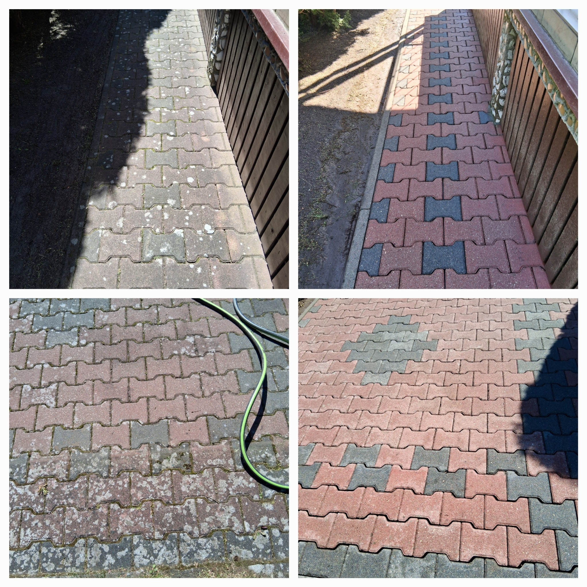 Czteropanelowe ujęcie kostki brukowej przed i po czyszczeniu, z widocznym wężem ogrodowym. Efekt czyszczenia uwidacznia czerwień i szarość kostki.