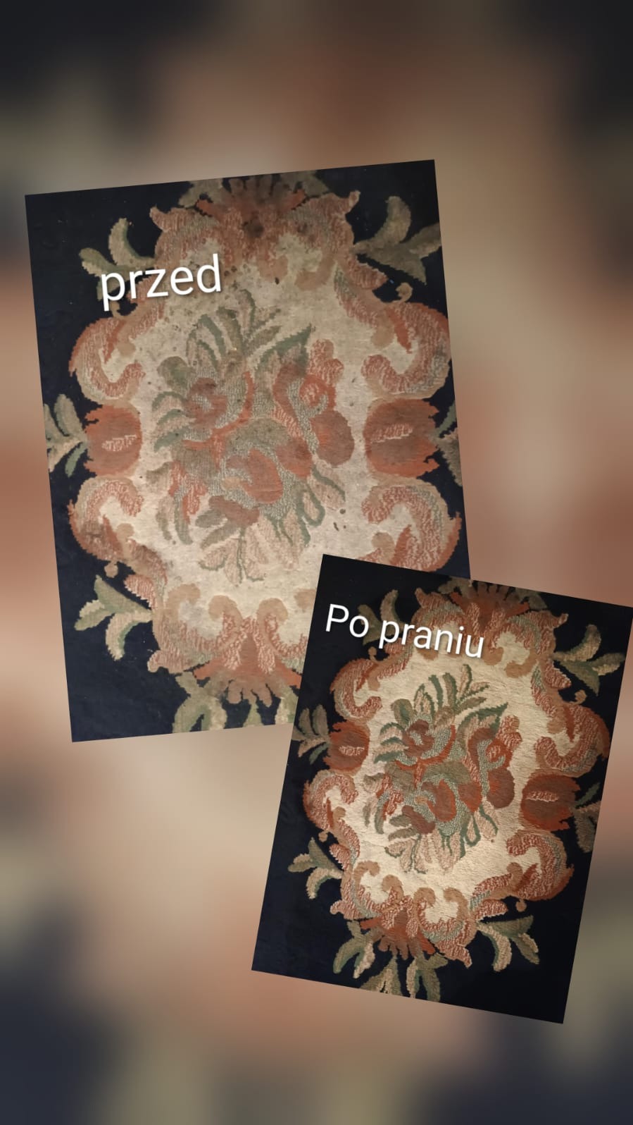 Dywan z wzorem kwiatowym: po lewej stronie 'przed', po prawej 'po praniu'. Widoczna różnica w czystości i intensywności kolorów.
