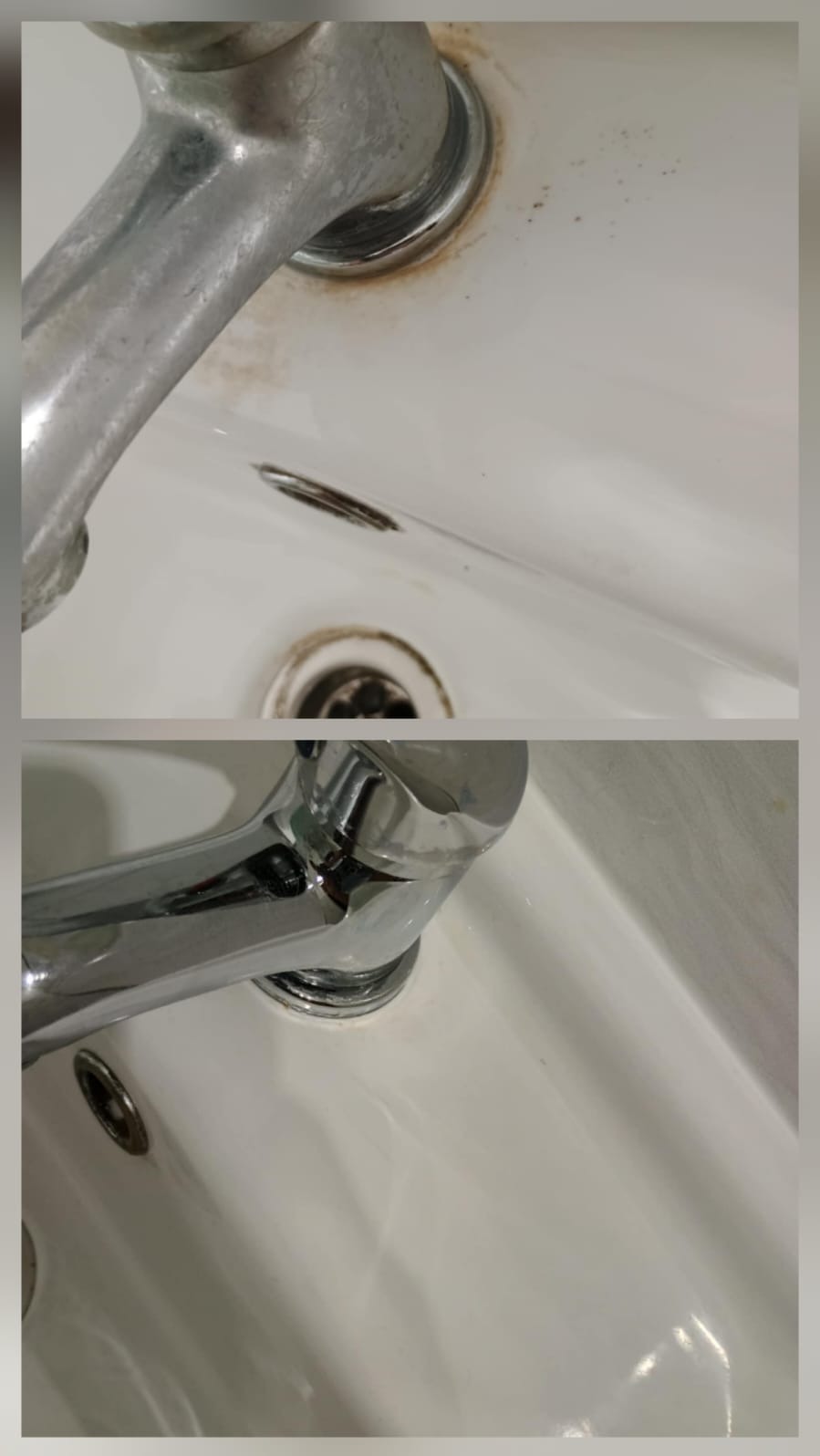 Zlewozmywak w ujęciu przed i po czyszczeniu. Na górze widoczne zacieki i osad, na dole lśniąca powierzchnia i bateria. Porównanie efektu odkamieniania.